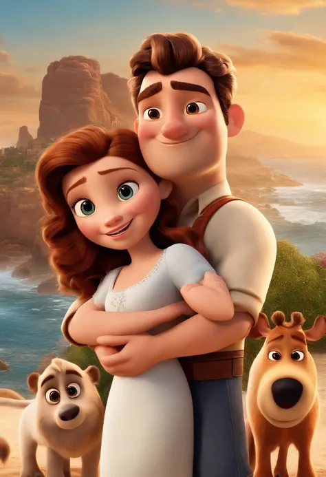 a Disney Pixar movie poster showing a white-skinned family. The father is the tallest, Tem barba curta, loiro, cabelos curtos e espinhosos. The mother has brown eyes and hair, shoulder-length and is slightly overweight. A menina tem 4 anos e cabelos castan...