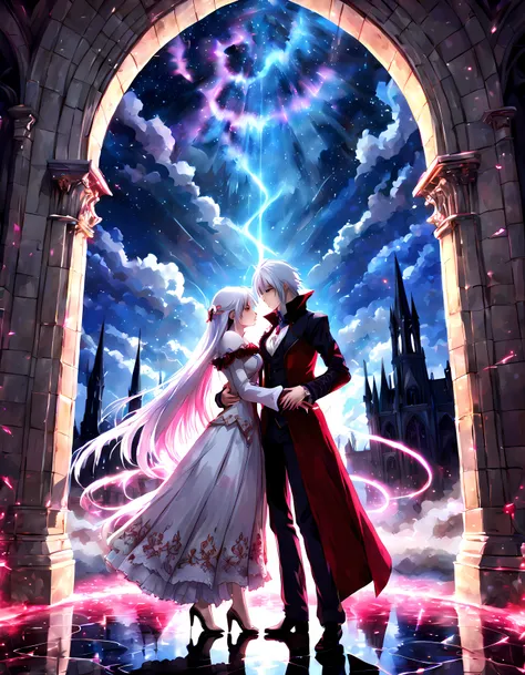 (epic mysterious anime), ((view through the gothic arch with rich rosy ornate)), ((noble vampire couple deeply in love)) (vivid blue eyes) (white noble clothes) (long white hair) (((holding hands together))), shiny ((meteor shower)), PEAnimeBG, Background,...