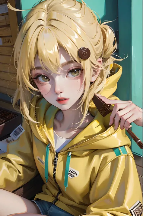 1 girl, Absurdres masterpiece HDR high quality portrait of a beautiful girl with yellow short shaggy hair and teal eyes wearing detailed hoodie jacket holding a box of pocky chocolate