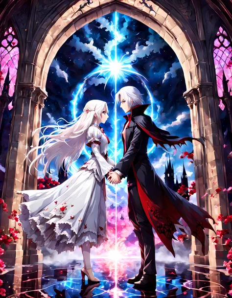 (symmetrical:1.3), (epic mysterious anime), ((view through the gothic arch with rich rosy ornate)), ((noble vampire couple deeply in love)) (vivid blue eyes) (white noble clothes) (long white hair) (((holding hands together))), shiny ((meteor)), a couple s...