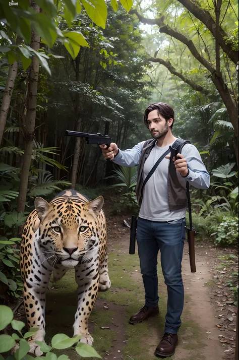 A man in his 30s in hunters clothes pointing a gun at a jaguar in the forest, imagem com detalhes ricos