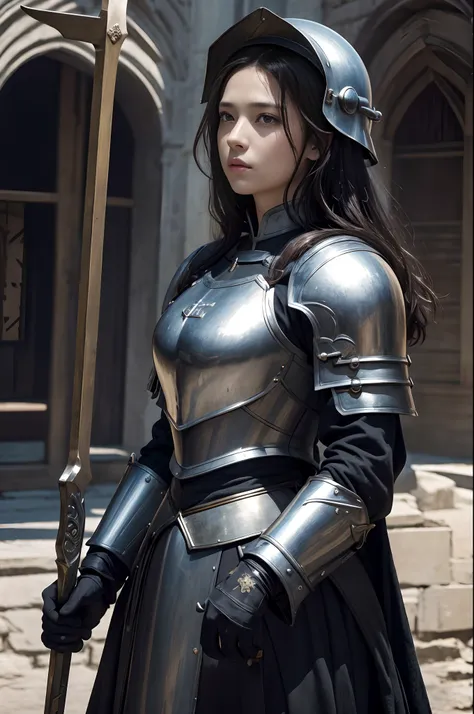 8K,超A high resolution,((Top image quality))、Joan of Arc,((​masterpiece))、(High Detail:1.3)、Woman in black armor、length hair。Wearing a helmet、Wartime scenes of armor damage