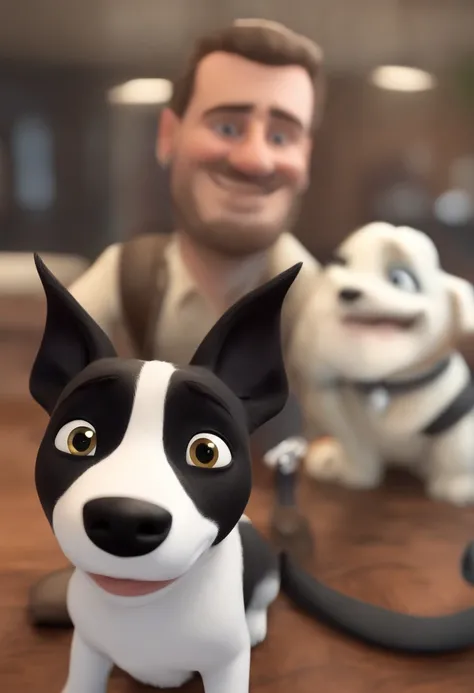 Cartoon character of a 30-year-old man with black glasses, cabelos curtos penteado para o lado direito, Barba curta e uma camisa preta. Junto com o homem, A white beagle dog with brown and black markings, in the breed standard called Toothless with a halo ...