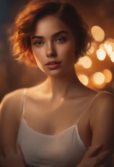 A girl with short hair, nudity, girl, urination, illustrations, high-quality, ultra-detailed, realistic, vibrant colors, soft lighting, fine brushstrokes, bokeh effect, portraits, warm tones.