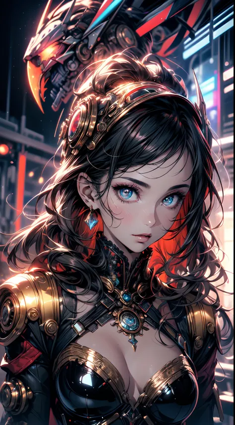 Portrait of a steampunk robot woman,intricately detailed,metallic textures,mechanical gears,exquisite craftsmanship,gorgeous Victorian fashion,captivatingly realistic eyes and facial features,long,flowing hair,golden highlights,elaborate headgear with cloc...