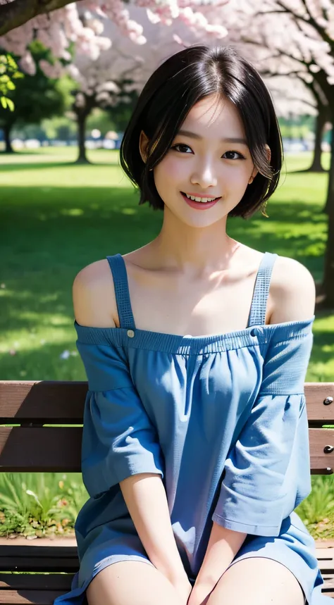 Look here and smile、Summer clothes、off shoulders、Blue Clothing、masutepiece, Best Quality, Raw photorealism, Smile, Beautiful Girl, Cute, Short hair, Small breasts, depth of fields, High resolution, Ultra Detail, Very detailed eyes and face, Sharp pupils, R...