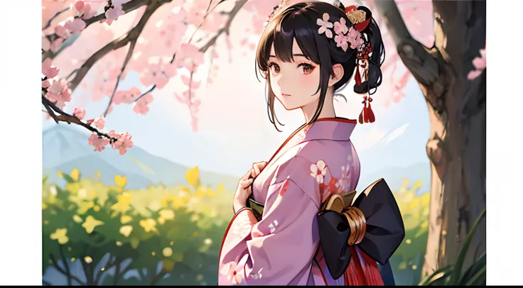 japanaese girl、detailed kimono、Lots of flowers in the background、Branches in the background、beautiful kimonos、ultra-detailliert、best qualtiy、