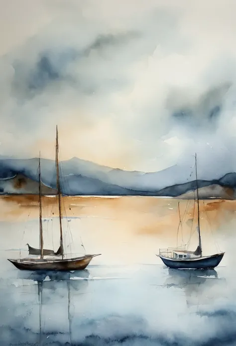 hi res stylish, elegant, sophisticated, contemporary, semi abstract seascape painting with foreground beach and waves, middle ground sea and boats, background harbor, hills and sky, based on the principles of design and composition, including depth, contra...