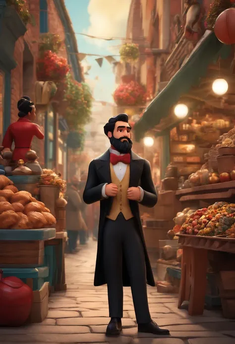 Disney/Pixar-inspired 3D poster capturing a scene of a cute 17-year-old with a soul patch beard, cabelo desbotado de navalha preta, camisa preta do Karl marx, Black pants on the background of a clothing store, And with two fathers behind