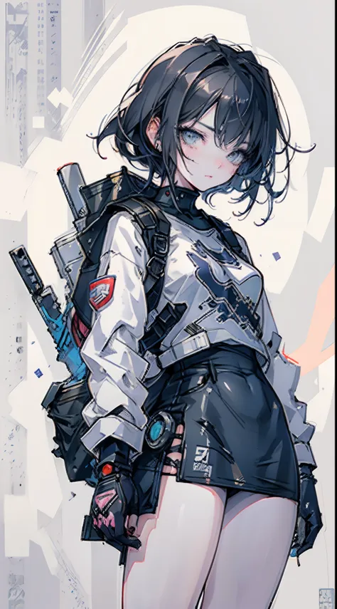 Masterpiece, best quality, high quality, ultra detailed, Woman body definition thick thigh cybernetic body parts, short underwear, combat posture, Painting of a woman with a gun and a backpack, heavy lineart, detailed full-body concept, Line sketch, Line s...