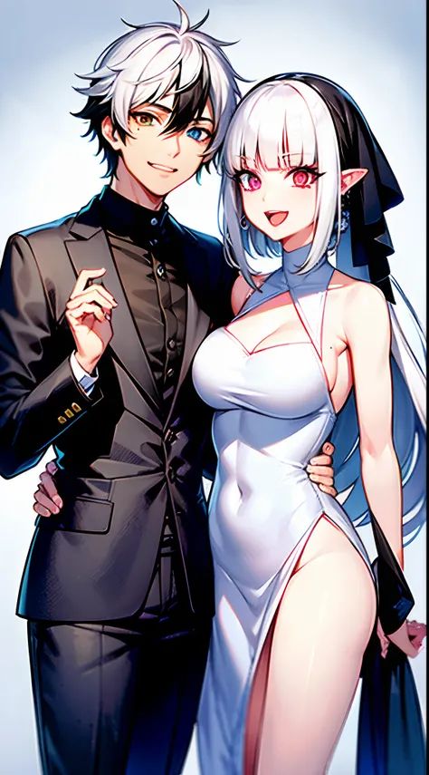 White hair, Mole under the eyes, mismatched sclera, Heterochromia, Laughing,, god rays, Anime-style woman with long white hair、Short-haired man with black hair、husband and wife、a couple、date、