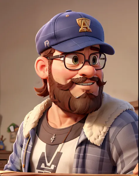 A man with beard wearing cap brim straight back, quarto gamer, estilo Disney pixar, alta qualidade, melhor qualidade