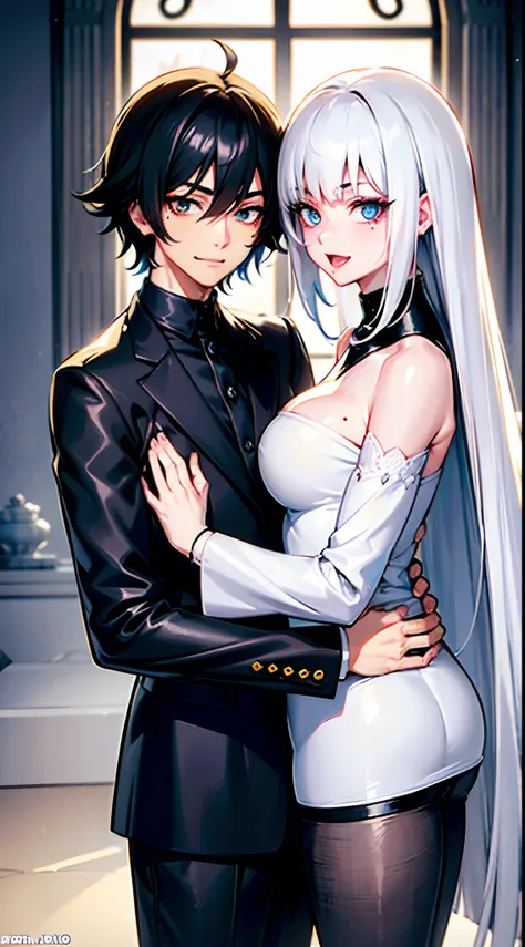 White hair, Mole under the eyes, mismatched sclera, Heterochromia, Laughing,, god rays, Anime-style woman with long white hair、Short-haired man with black hair、husband and wife、a couple、date、stare at each other、