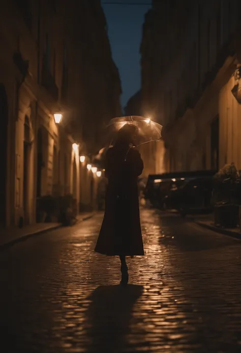 Crée une image dune élégante femme mannequin marchant dans une rue de la ville au crépuscule. Elle porte une longue robe de soirée rouge éclatant avec un décolleté plongeant et une ceinture ornée de bijoux. La robe doit avoir une coupe fluide et une traîne...