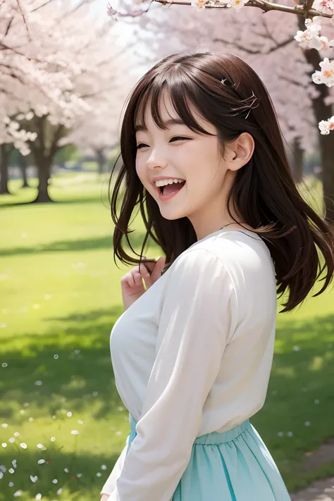 A beautiful girl laughing cutely and a spring scenery