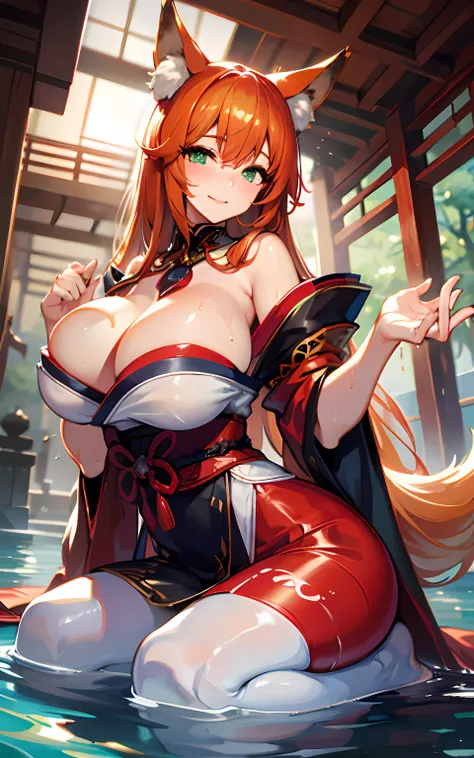 (Masterpiece: 1.5), (Best Quality: 1.5), Perfect Eyes, Perfect Face, Volumetric Lighting, 1 Woman, Mature Woman, (Whiteness: 5), fox ears, fox tail, orange hair, green eyes, massive breasts, massive cleavage, Japanese priestess, Japanese dress, barefoot, s...