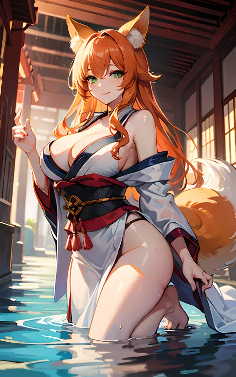 (Masterpiece: 1.5), (Best Quality: 1.5), Perfect Eyes, Perfect Face, Volumetric Lighting, 1 Woman, Mature Woman, (Whiteness: 5), fox ears, fox tail, orange hair, green eyes, massive breasts, massive cleavage, Japanese priestess, Japanese dress, barefoot, s...