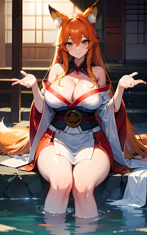 (Masterpiece: 1.5), (Best Quality: 1.5), Perfect Eyes, Perfect Face, Volumetric Lighting, 1 Woman, Mature Woman, (Whiteness: 5), fox ears, fox tail, orange hair, green eyes, massive breasts, massive cleavage, Japanese priestess, Japanese dress, barefoot, s...