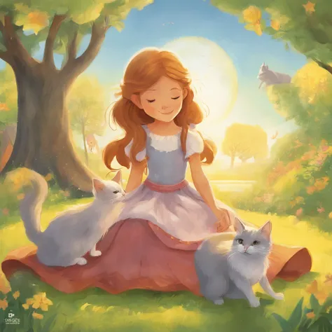 A 10-year-old chestnut-haired girl and a light gray cat are basking in the sun on the lawn of a sun-drenched park　　Fantastic and happy feeling　The overall design is classical and the color is strong yellow　Picture book illustrations