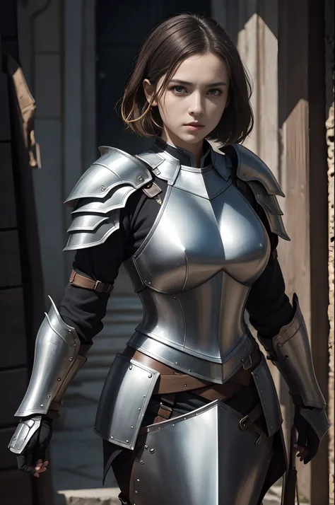 8K,超A high resolution,((Top image quality))、((​masterpiece))、(High Detail:1.3)、jeanne darc,Short-haired with short colors,Woman in black armor、length hair。Precise details of the decoration of the chest armor、Wartime scenes of armor damage