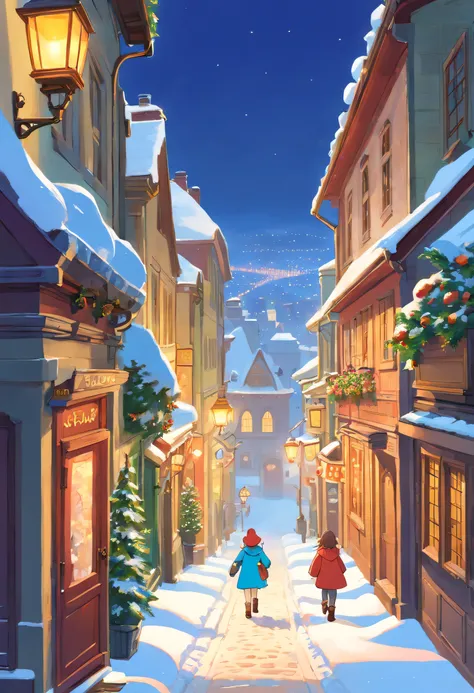 Conjure a whimsical outdoor scene as the young girl explores the snow-covered streets of Quebec City. Visualize her footprints in the snow, accompanied by distant conversations and the occasional jingle of sleigh bells, like a scene straight from the encha...