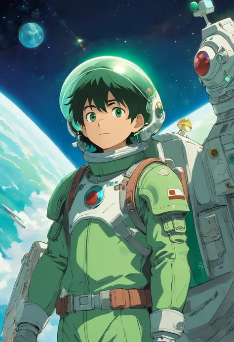 (1 boy), arte altamente detalhada, de (soldado espacial masculino, vestindo traje espacial verde e branco, capacete, reinalador, Enhanced service), (scientific fiction), (two moons in sky: 0.8)