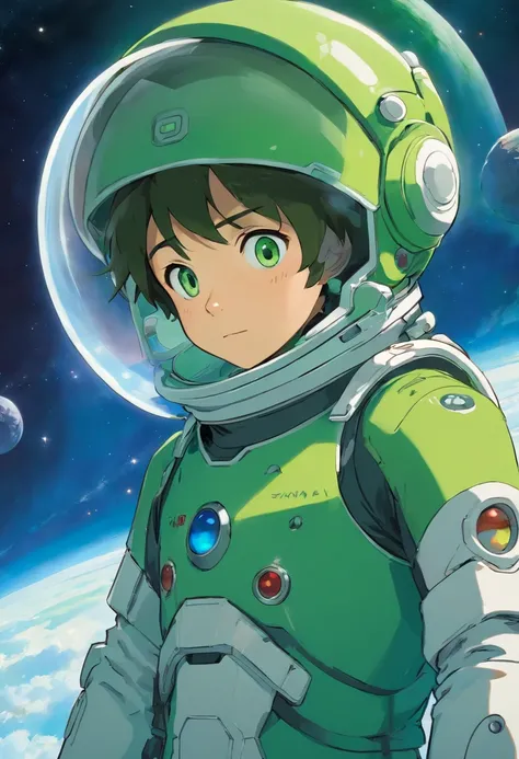 (1 boy), arte altamente detalhada, de (soldado espacial masculino, vestindo traje espacial verde e branco, capacete, reinalador, Enhanced service), (scientific fiction), (two moons in sky: 0.8)