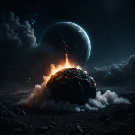 night sky, natural substance, black meteor, shooting to earth, liquid nitrogen, cinematic shot + dynamic composition, incredibly detailed, sharpen, details + intricate detail + professional lighting, film lighting + 35mm + anamorphic + lightroom + cinemato...