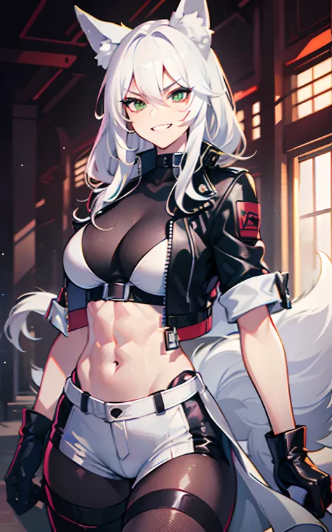 (Masterpiece: 1.5), (Best Quality: 1.5), Perfect Eyes, Perfect Face, Volumetric Lighting, 1 Woman, Mature Woman, (Whiteness: 5), fox ears, fox tail, white hair, green eyes, tall woman, medium breasts, streetwear, mean grin, muscular, sexy, leather jacket,