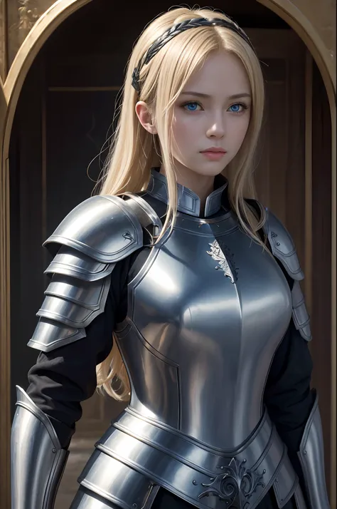 8K,超A high resolution,((Top image quality)), ((​masterpiece)), (high-detail:1.3), Joan of Arc,Blue eyes,Blonde shorthair,Woman in Black Armor、The long-haired。Meticulous in the details of the decoration of the chest armor、Scenes of armor damage during the w...