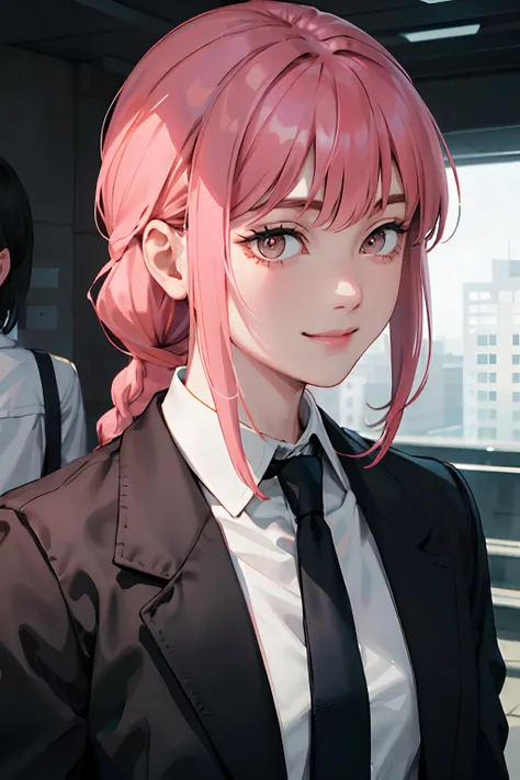 1womanl, Braids, braided ponytails, masutepiece, Best Quality, Ultra-detailed, Beautiful Makimas Potreit CSM, Solo, up looking_で_viewer, Smile, Shirt, Jacket, white_Shirt, neck tie, Collared_Shirt, Black_Jacket, up looking_To_The_Side, Formal, Suit, Black_...