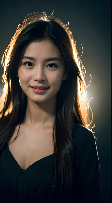 highest quality, epic realistic, ((in the pitch black darkness :1.4)), ((portrait:1.5)),(background: dark ) high contrast ,glorious picture, lowest lux, lighting face, shes comfortable, dark plain shirt, looks incredible, (8k, Raw photo, Highest quality),(...