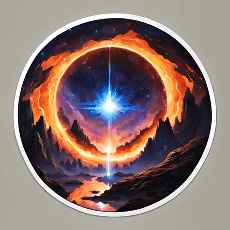 Stickers, round ((sticker)) of a shiny fiery meteor inside the magical portal, breathtaking cosmic scenery