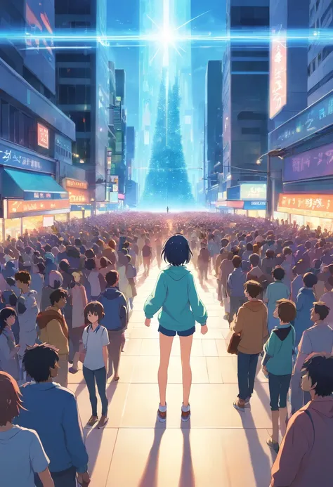 A two-dimensional figure standing in the center of the crowd glowing and looking back