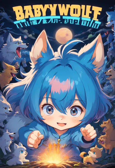 Baby wolf,Dark background,Blue hair,Crazy gamers