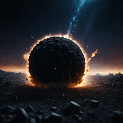 night sky, natural substance, black meteor, shooting to earth, liquid nitrogen, cinematic shot + dynamic composition, incredibly detailed, sharpen, details + intricate detail + professional lighting, film lighting + 35mm + anamorphic + lightroom + cinemato...