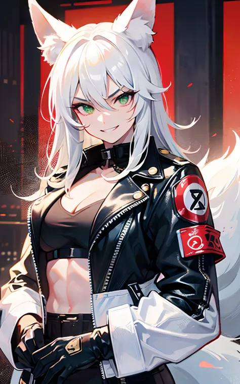 (Masterpiece: 1.5), (Best Quality: 1.5), Perfect Eyes, Perfect Face, Volumetric Lighting, 1 Woman, Mature Woman, (Whiteness: 5), fox ears, fox tail, white hair, green eyes, tall woman, medium breasts, streetwear, mean grin, muscular, sexy, leather jacket,