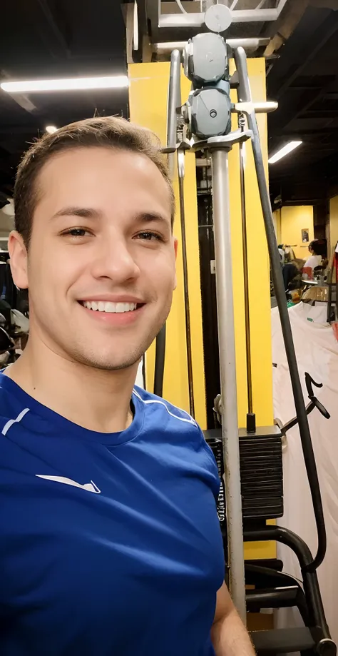 Rapaz branco de camiseta azul, sorrindo, cabelo castanho claro, fundo com aparelho de academia.