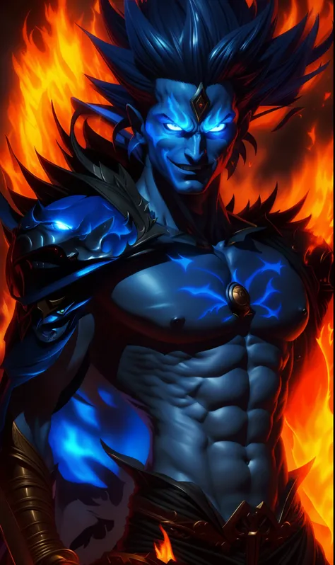 a close up of a man with a fire face and a sword, male djinn man demon hybrid, djinn man male demon, demon male, human male demon, blue djinn, extremely detailed artgerm, artgerm detailed, djinn human hybrid, ne zha from smite, man male demon, fire demon, ...