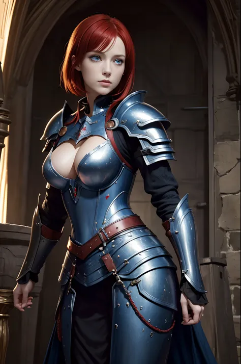 8K,超A high resolution,((Top image quality)), ((​masterpiece)), (high-detail:1.3), Joan of Arc,Blue eyes,Red-haired shorthair,Woman in Black Armor、large full breasts,Meticulous in the details of the decoration of the chest armor、Beautiful expression,enticin...