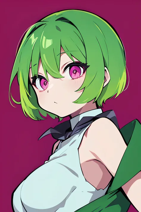 anime female short green hair and pink eyes confused looking face no background