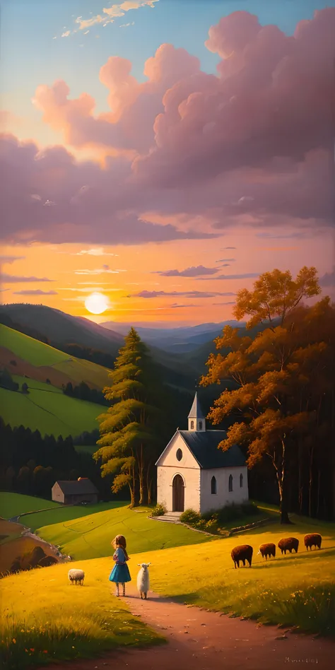 A little girl and a sheep standing in front of a small stone church on a hill　Reddish sunset　Yellow and withered weeds　Superb view　an oil painting