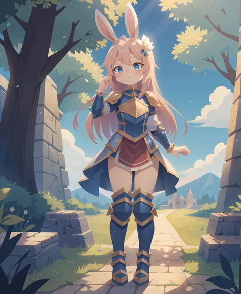 outdoor, castle courtyard, tall stone walls, detailed background, knight bunny girl, (armor with bunny-themed embellishments), standing tall and proud, bunny ears perched on her head, anime-style, expressive eyes, (by tatsuya himura), (by niji walkure:0.9)...