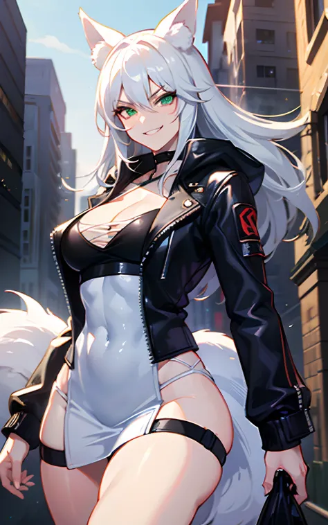 (Masterpiece: 1.5), (Best Quality: 1.5), Perfect Eyes, Perfect Face, Volumetric Lighting, 1 Woman, Mature Woman, (Whiteness: 5), fox ears, fox tail, white hair, green eyes, tall woman, medium breasts, streetwear, mean grin, muscular, sexy, leather jacket,