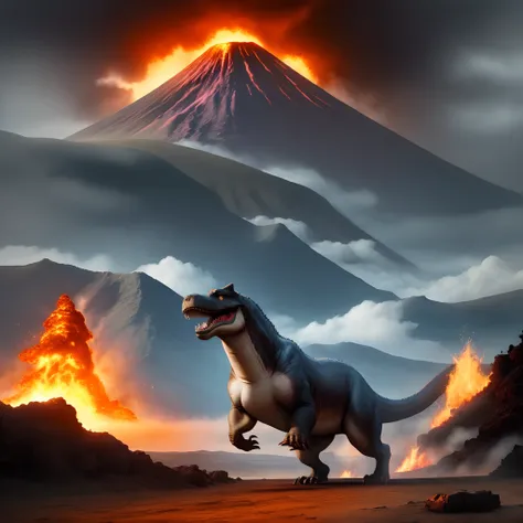 Um grande T-Rex, em pose de ataque, Background: a large volcano erupting