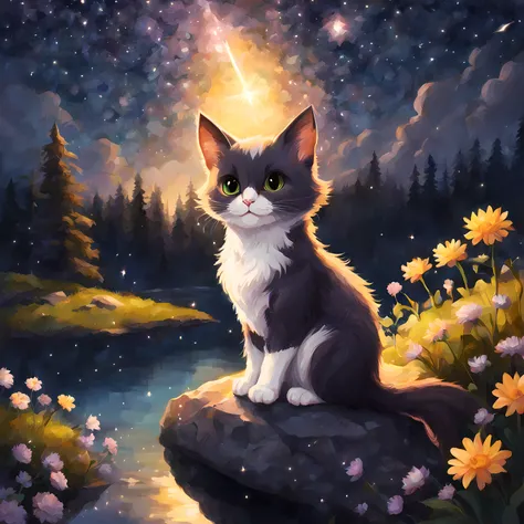 (cartoon drawing), cute bat kitten sitting on rock watching shiny (((((meteors))))), breathtaking starry night scenery, lake, forest, sunshine, flowers