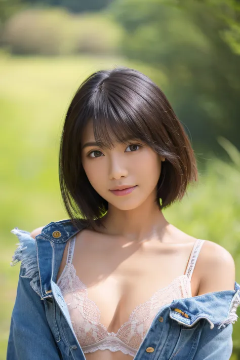 Real 4K resolution、Raw photo、Delicate depiction、realisitic、Mud Finish、Matte finish、Nikon D750、High pixel、japanese pretty woman、Age 20 years old、ssmile、Short bob hair、small tits、Smaller chest、B cup breasts、flat breast、Smaller chest、No cleavage、Denim jacket、...