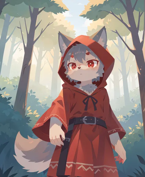 1girl, grey wolf girl, red riding hood, red hood, forest, child, bushes, cowboy shot, (best quality, masterpiece, illustration, ultra-detailed:1.3), (uploaded on e621, furry, anthro, kemono:1.3),