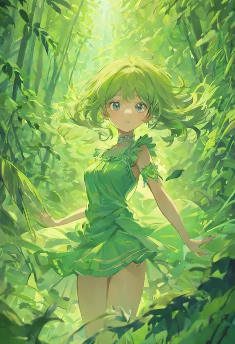 (Masterpiece, Best quality, Ultra-detailed, Best Illustration:1.4), 1 Dryad，(Airflow Maiden:1.1),(See-through:15）afloat,Green wind ，Silk fabric，(refractions,Reflection:1.2) ,  Transparent skin, sunshine day，ln the forest