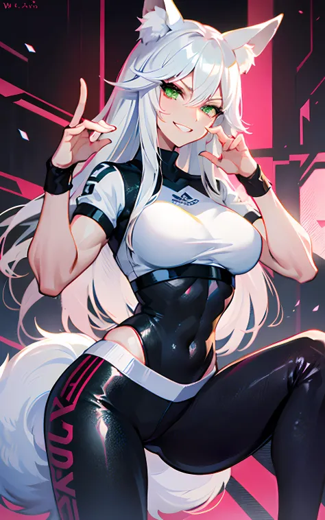 (Masterpiece: 1.5), (Best Quality: 1.5), Perfect Eyes, Perfect Face, Volumetric Lighting, 1 Woman, Mature Woman, (Whiteness: 5), fox ears, fox tail, white hair, green eyes, tall woman, medium breasts, yoga pants, streetwear, mean grin, muscular, sexy